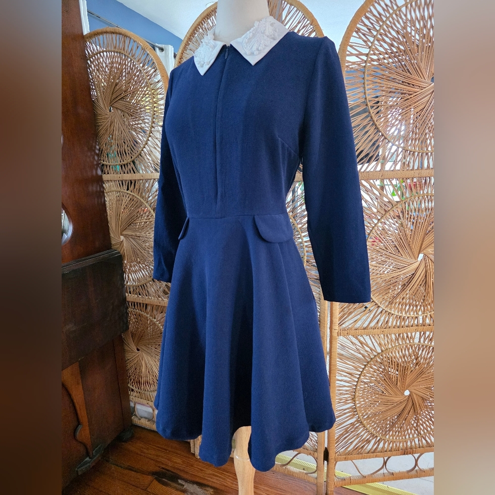 NWT Tara Jarmon Navy And White Beaded Peter Pan Collar A Line Midi Dress Size 38